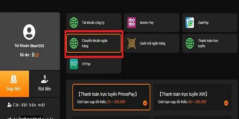 Gửi tiền tại nhà cái I9BET hiệu quả qua ngân hàng